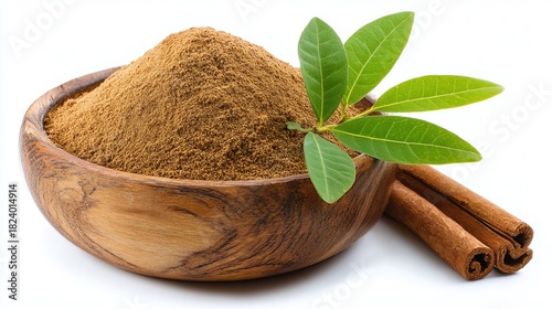 Fototapeta Naklejka Na Ścianę i Meble -  A wooden bowl brimming with cinnamon powder, accompanied by cinnamon sticks and fresh green leaves. Aromatic and versatile spice for sweet and savory dishes.