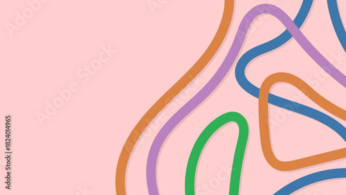 Colored curves (orange, green, blue, purple) on a light pink background, intertwining on the right side of the image. Abstract background with curved lines.