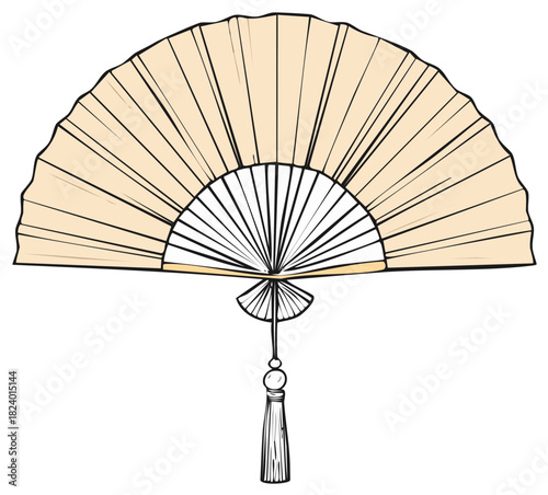 Elegant hand fan illustration with decorative tassel and delicate details for traditional themes and vintage designs