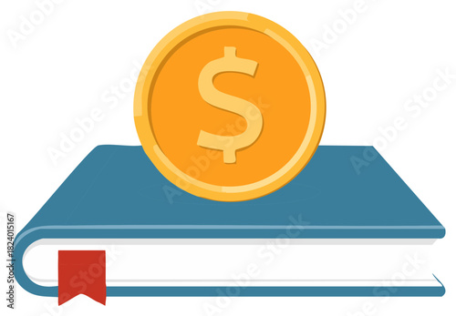 Cartoon dollar coin rests upon book cover offering financial advice on investing