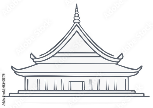 Traditional Asian pagoda temple with a curved roof in a minimal line art style illustration