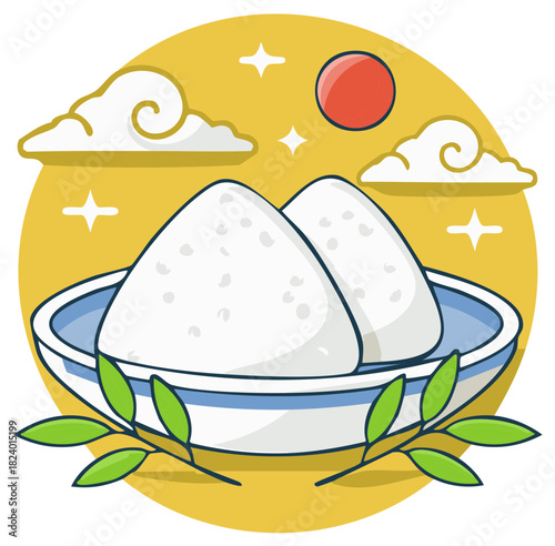 Cartoon illustration of Japanese onigiri rice balls in a bowl with a sun and clouds