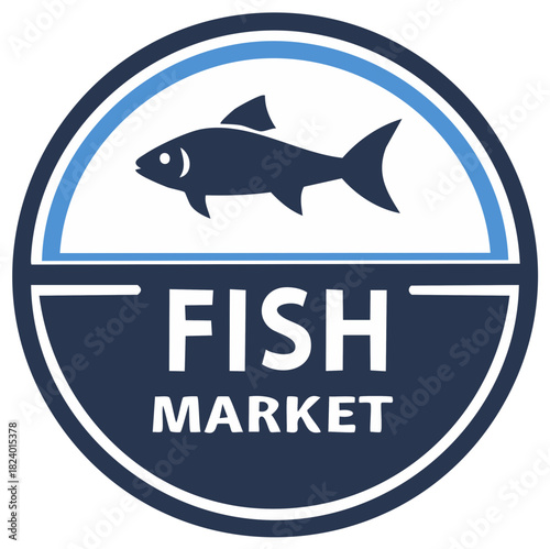 Fish Market Circle Icon Design Featuring a Tuna in Navy and White Colors