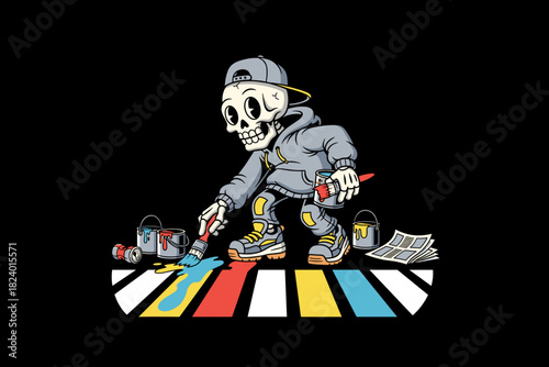 Skeleton artist painting a colorful crosswalk with a brush and p