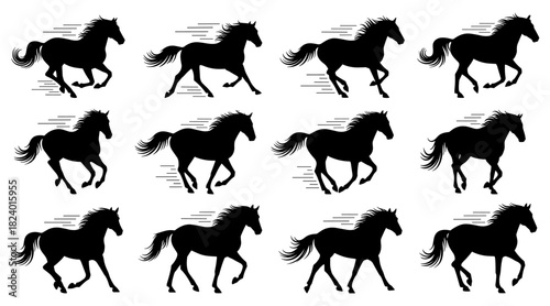 Running horse silhouettes with energetic motion. Clean lines show high quality. The collection highlights graceful strides and fluid movement