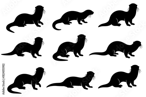 Otter silhouettes in seated and walking poses. Clean lines show high quality. The set captures calm posture and natural movement