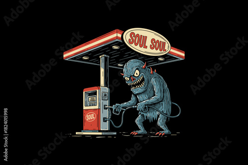 A creepy monster fueling up at a soul gas station.