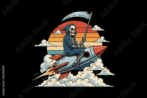 Grim Reaper Riding a Rocket Ship Through Clouds.