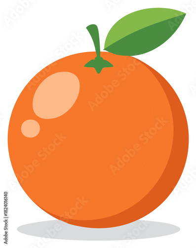 Illustration of a single orange fruit with a green leaf. Healthy citrus food concept.