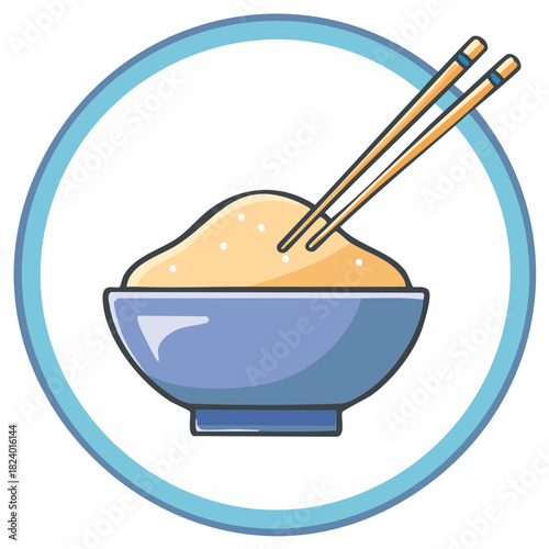 Illustration of a bowl of rice with chopsticks inside the blue outlined circle, food concept