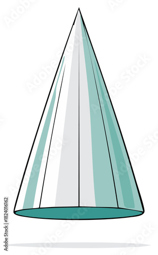Three dimensional geometric cone shape illustration with translucent teal and white shading. Mathematical object.