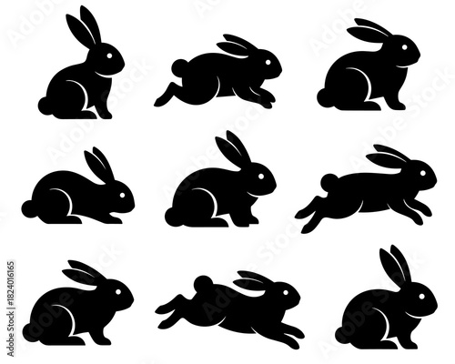 Rabbit silhouettes in sitting and jumping motion. Clean lines show high quality. The set highlights soft shapes and playful movement