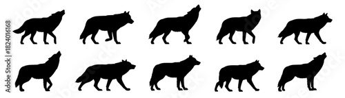 Wolf silhouettes in howling and walking poses. Clean lines show high quality. The set reflects expressive motion and natural wild behavior