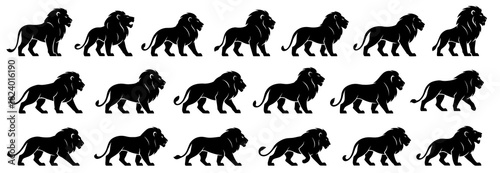 Lion silhouettes in standing and walking poses. Clean lines show high quality. The collection shows strong posture and majestic movement
