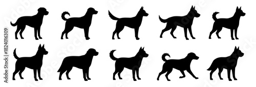 Dog silhouettes featuring various breeds and poses. Clean lines show high quality. The collection shows natural stance and alert posture