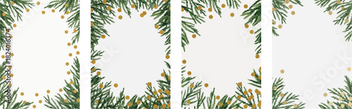 Elegant collection of holiday pine foliage frames featuring subtle gold glitter elements