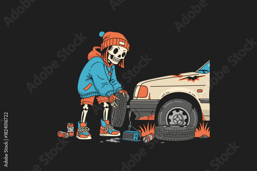 Skeleton character fixing a car with a skateboard.