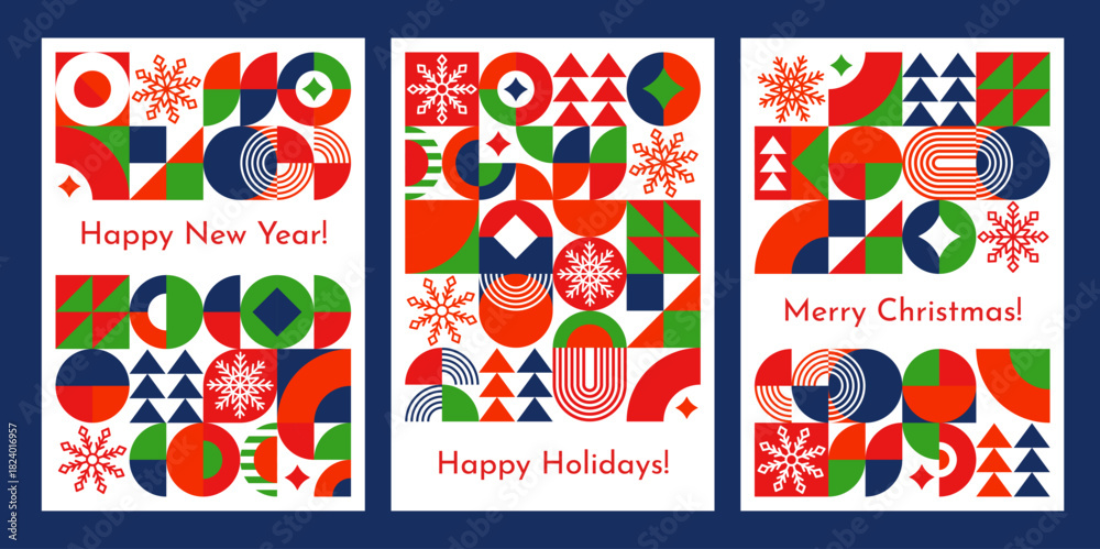Obraz premium Christmas and new year geometric vector posters. Red and green triangles, blue circles, semicircles, arches and snowflakes on Christmas minimalist geometric background. Vertical covers, holiday cards