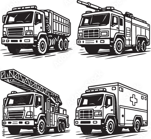 Four emergency trucks black and white vector illustration set.eps