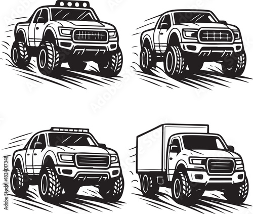 Four off road racing trucks across dunes black and white vector set.eps