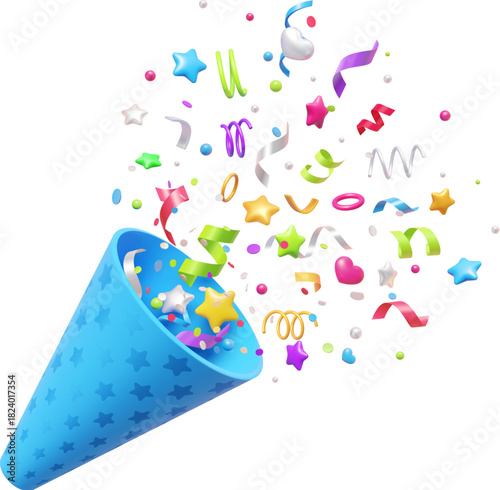 3d birthday party event popper with confetti, ribbons and stars. Firework carnival firecracker. Isolated vector surprise emoji, festive streamer for celebration events, parties or honoring winners