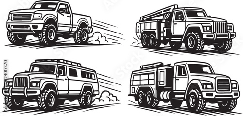 Four racing trucks side by side black and white vector illustration set.eps