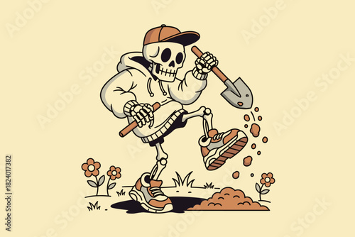 Skeleton digging with shovel and brush wearing hoodie and sneake