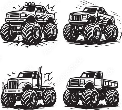 monster trucks black and white vector illustration set.eps