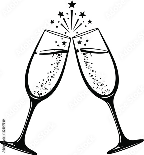 “Elegant champagne glasses clinking with sparkling bubbles, minimalist black and white celebration vector perfect for parties, weddings, New Year, anniversaries and festive design.