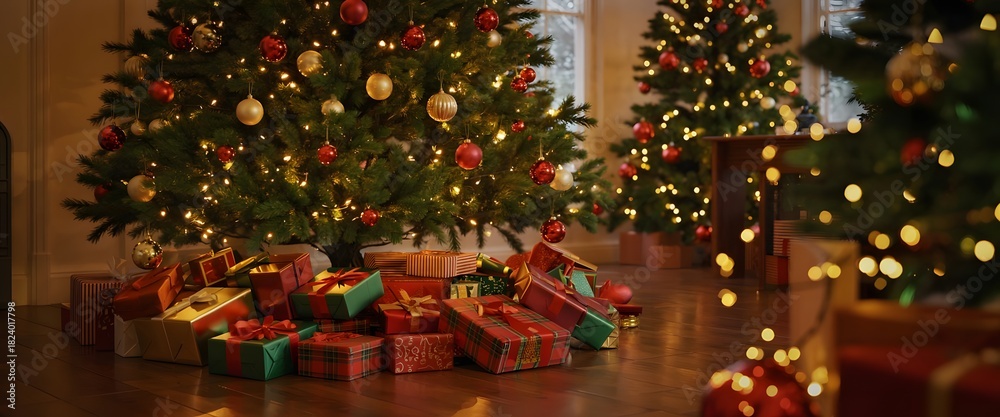 Fototapeta premium Christmas trees with lights and ornaments, surrounded by wrapped gifts on a wooden floor, creating festive holiday