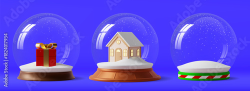 3D glass snow balls with gift box, snowy hills and house. Christmas and New Year glossy snowball globe holiday decoration with glass domes. Vector Christmas glass globe balls with snow and snowflakes