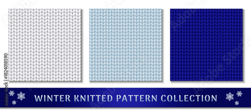 Winter Knitted Pattern Collection. Realistic accurate knitted fabric texture. Perfect for textiles, backgrounds, and creative designs. Best for winter, Christmas and New Year projects. Vector