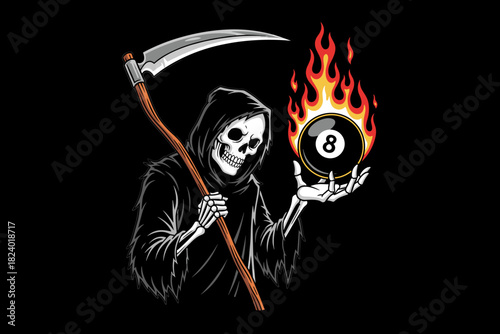 Grim Reaper Holding Flaming Eight Ball.