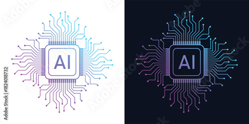 Artificial Intelligence AI Microchip with Neural Circuit Design. Vector Illustration of an AI Processor with Neural Circuitry Representing Machine Learning, Deep Learning and Intelligent Systems