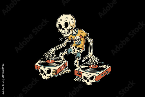 Skeleton DJ playing music on turntables with skull designs.