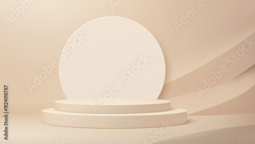 3d beige podium stage. Vector circular stand with soft shadows, round backdrop panel and abstract flowing background shape. Neutral elegant display scene for beauty product or cosmetic presentation