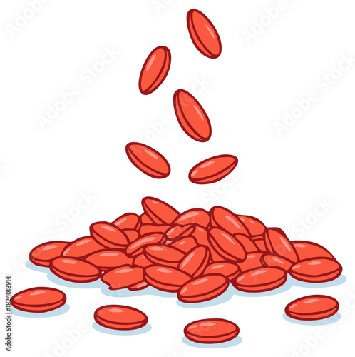 Falling Red Oval Pills Illustration Heap of Capsules Medical Tablets Isolated
