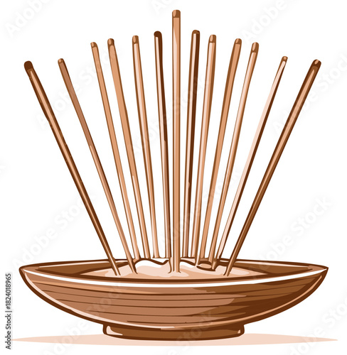 Stylized illustration of brown incense sticks in a traditional bowl for meditation and aromatherapy