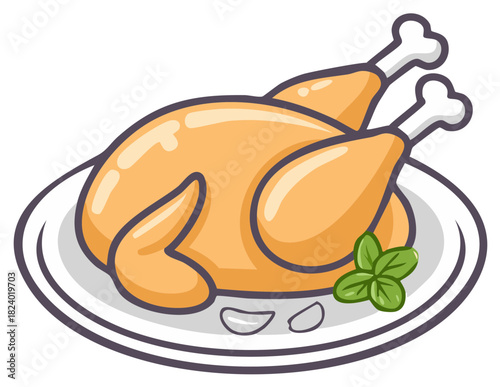 Roasted chicken cartoon illustration, golden poultry on a plate with basil garnish for holiday celebrations