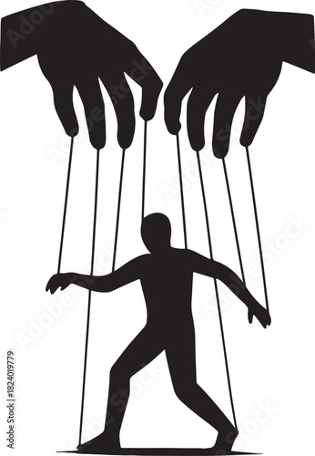puppet master control, human marionette manipulation, hands pulling strings, power dominance metaphor silhouette vector
