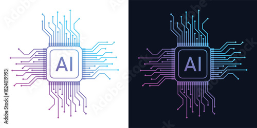 Artificial Intelligence AI Microchip with Neural Circuit Design. Vector Illustration of an AI Processor with Neural Circuitry Representing Machine Learning, Deep Learning and Intelligent Systems