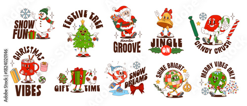 Funky Christmas y2k groovy hippie xmas character stickers. Vector retro funny cartoon holiday vintage snowman, gift box, Santa Claus, ornament, candy, tree, bell, cup, skating ball and disco ball