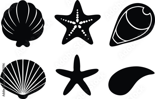 Sea shell icon collection. Clam, starfish, seashell, conch, cockleshell silhouette vector illustration