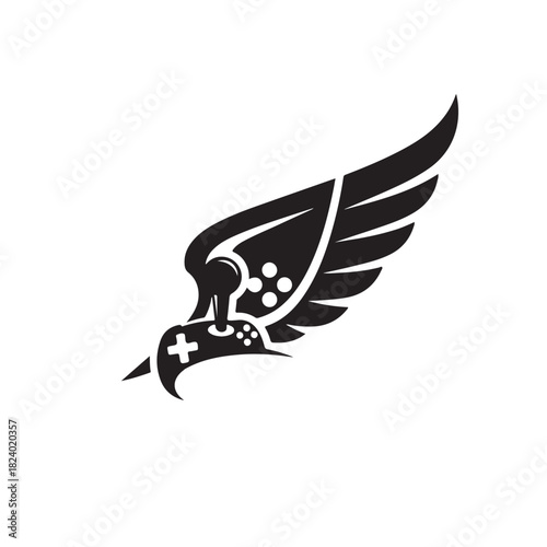 Dynamic black and white logo featuring a stylized video game controller with an elegant wing, symbolizing speed, freedom, and the immersive world of gaming, isolated on
