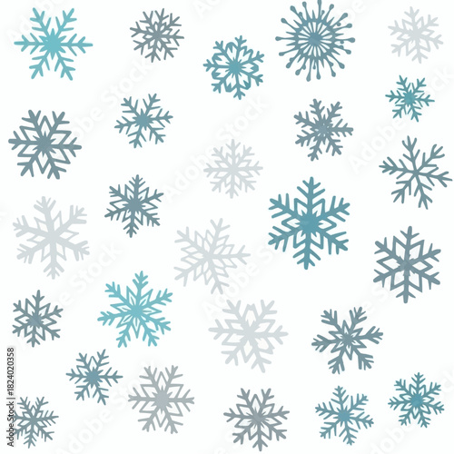 Snowflake scatter pattern with varied organic handmade shapes, flat tones on white