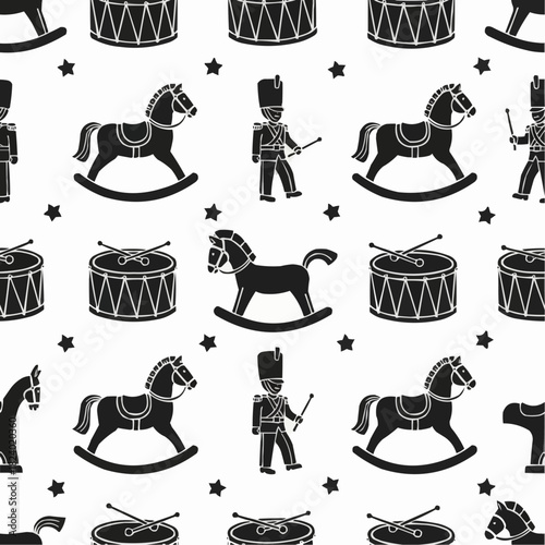 Pattern of vintage toy silhouettes (rocking horse, drum, soldier) in a handcrafted flat style on white