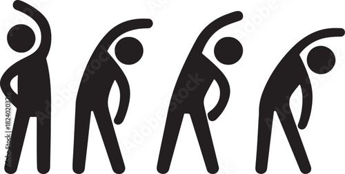 Stick figure stretching exercise vector icon set side bend for fitness and well being silhouette vector illustration