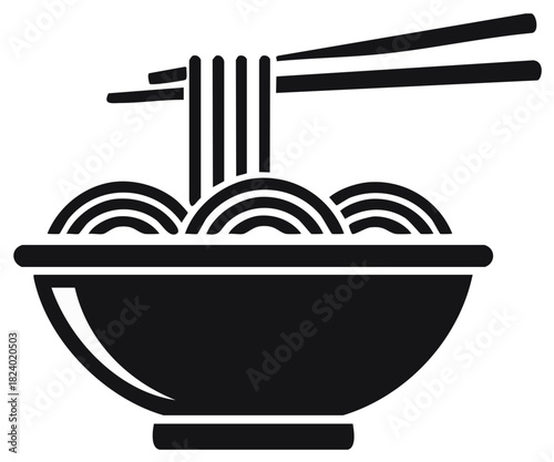 Bowl of Noodles with Chopsticks Illustration Black and White