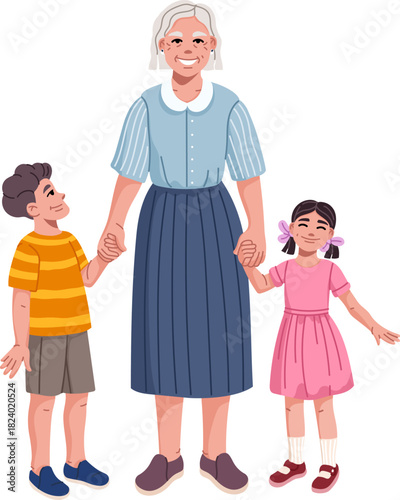 Happy cartoon family with kids and granny in casual clothing. Loving grandmother holding hands with boy and girl with happiness. Warm vector family portrait with love and support