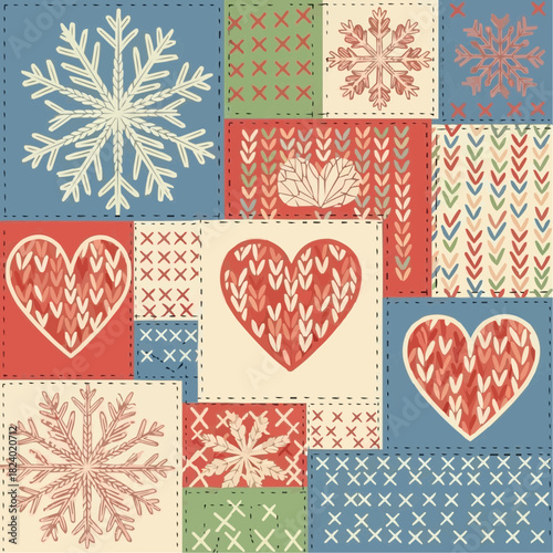 Patchwork style pattern combining knitted motifs snowflakes, hearts with hand-drawn stitches, flat palette